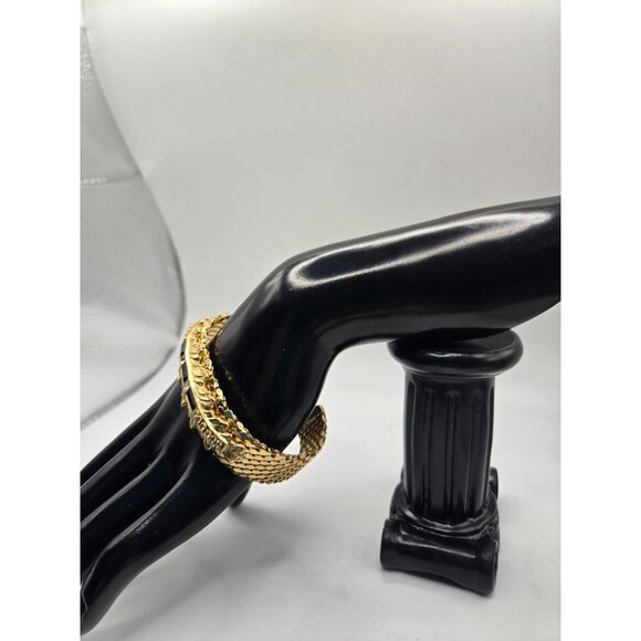 VTG GOLD Plated Cuff Bangle Bracelet Garnet and Rhinestone .75" thick scale - Picture 7 of 8